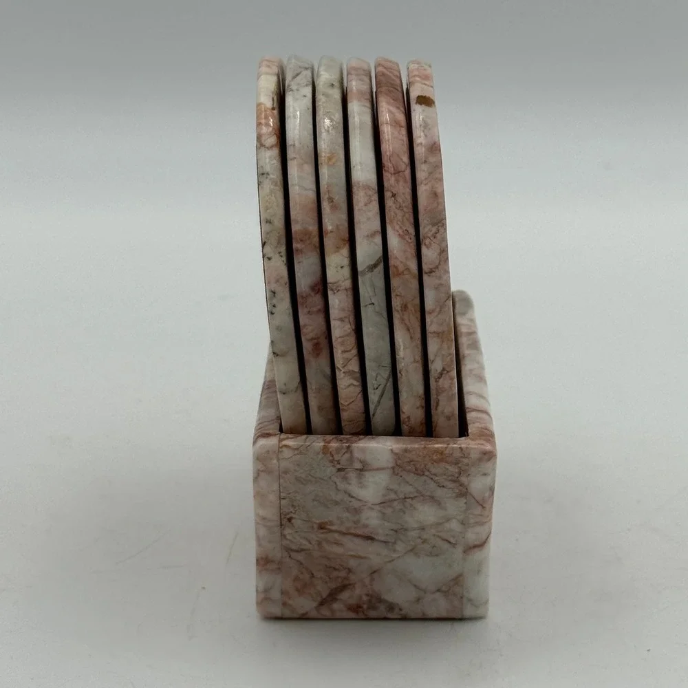 Vintage Pink Marble Coaster Set of 6 with Matching Holder Natural Stone Round